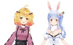 Rule 34 | 2girls, ahoge, airani iofifteen (artist), alternate hairstyle, animal ear fluff, animal ears, ayamy, bare shoulders, bat hair ornament, belt, black belt, black choker, black skirt, blonde hair, blue hair, blush, bow, braid, breasts, breasts apart, carrot, carrot hair ornament, choker, clothing cutout, commentary, creature, detached sleeves, don-chan (usada pekora), english commentary, extra ears, eyebrows, fang, food-themed hair ornament, frilled skirt, frills, hair bow, hair ornament, heart, heart choker, high-waist skirt, highres, hololive, large breasts, leotard, long hair, looking at viewer, multicolored hair, multiple girls, open mouth, orange eyes, playboy bunny, pom pom (clothes), puffy detached sleeves, puffy sleeves, rabbit ears, rabbit girl, red hair, redrawn, scarf, short eyebrows, shoulder cutout, side ponytail, sidelocks, simple background, skirt, small breasts, smile, straight-on, suspender skirt, suspenders, thick eyebrows, two-tone hair, usada pekora, usada pekora (1st costume), virtual youtuber, white bow, white hair, yellow eyes, yozora mel, yozora mel (jirai kei), yuuki hagure