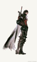Rule 34 | armor, boots, cape, clive rosfield, copyright notice, final fantasy, final fantasy xvi, from side, full body, highres, official art, simple background, solo, square enix, standing, sword, takahashi kazuya, weapon, weapon on back