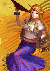 Rule 34 | 1girl, blonde hair, clenched hand, cup, highres, horns, hoshiguma yuugi, jeanex, light smile, long hair, long skirt, red eyes, sakazuki, shirt, single horn, skirt, solo, striped clothes, striped skirt, t-shirt, touhou, vertical stripes, very long hair, yellow background