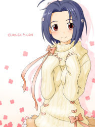 Rule 34 | 1girl, ahoge, bad id, bad pixiv id, blue hair, blush, bow, breasts, female focus, flower, gradient background, hair flower, hair ornament, hands on own chest, idolmaster, idolmaster (classic), medium breasts, miura azusa, punto, red eyes, ribbon, short hair, sleeves past wrists, smile, solo, sweater