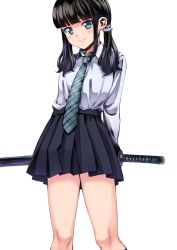 Rule 34 | 1girl, arms behind back, black hair, blue eyes, blunt bangs, blush, highres, holding, holding sword, holding weapon, katana, kouno hikaru, long hair, looking at viewer, necktie, original, pleated skirt, shirt, skirt, smile, solo, sword, twintails, weapon, white background, white shirt