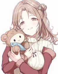 Rule 34 | 1girl, absurdres, beige sweater, blurry, breasts, brown eyes, commentary, depth of field, eyelashes, fur trim, grin, hair bun, hair ornament, highres, hug, ichikawa hinana, idolmaster, idolmaster shiny colors, jacket, karya, large breasts, light brown hair, long sleeves, looking at viewer, medium hair, hugging object, off-shoulder jacket, off shoulder, open clothes, open jacket, parted bangs, red jacket, ribbed sweater, side bun, simple background, single hair bun, single side bun, smile, solo, stuffed animal, stuffed toy, sweater, turtleneck, turtleneck sweater, upper body, white background