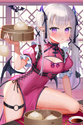 Rule 34 | 1girl, absurdres, amahara subaru, bamboo steamer, baozi, bare legs, black ribbon, blush, breasts, cleavage cutout, clothing cutout, covered navel, demon girl, demon horns, demon tail, demon wings, dress, ear piercing, food, frilled sleeves, frills, hair ribbon, highres, holding, horns, indoors, long hair, looking at viewer, low wings, no panties, original, parted lips, piercing, pink dress, pointy ears, puffy short sleeves, puffy sleeves, purple eyes, ribbon, short sleeves, silver hair, solo, tail, thigh strap, twintails, very long hair, wings