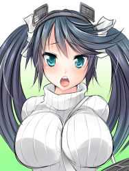 Rule 34 | 10s, 1girl, between breasts, black hair, blush, breasts, green eyes, isuzu (kancolle), kantai collection, large breasts, long hair, looking at viewer, maki (seventh heaven maxion), open mouth, personification, ribbed sweater, ribbon, sketch, solo, strap between breasts, sweater, turtleneck, twintails
