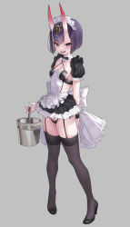 1girl alternate_costume apron black_dress black_thighhighs bob_cut breasts brooch bucket dress enmaided eyeliner fangs fate/grand_order fate_(series) frills full_body gradient_background headpiece highres horns jewelry legs looking_at_viewer maid maid_headdress makeup mx2j oni open_mouth puffy_short_sleeves puffy_sleeves purple_eyes purple_hair short_dress short_hair short_sleeves shuten_douji_(fate) sideboob skin-covered_horns small_breasts smile solo thighhighs waist_apron white_apron