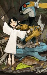 Rule 34 | 1girl, 1other, :d, barefoot, black hair, blue eyes, dress, elf, fish (food), highres, holding, holding stick, lizardman (warhammer fantasy), looking at viewer, mossacannibalis, open mouth, outdoors, outstretched arms, pointy ears, smile, spread arms, stick, warhammer 40k, white dress