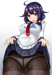 Rule 34 | 10s, 1girl, ahoge, ass, bad id, bad pixiv id, black pantyhose, blue skirt, blush, breasts, clothes lift, crotch seam, gluteal fold, hair flaps, heart, heart-shaped pupils, highres, kantai collection, large breasts, long hair, long sleeves, looking at viewer, low twintails, necktie, open mouth, panties, panties under pantyhose, pantyhose, pleated skirt, purple hair, red eyes, red necktie, revision, school uniform, serafuku, skirt, skirt lift, solo, symbol-shaped pupils, taigei (kancolle), terakoya, thigh gap, thighband pantyhose, thighs, twintails, underwear, white panties