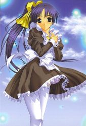 Rule 34 | 00s, 1girl, blue hair, bow, day, hashimoto takashi, itou noemi, long hair, maid, own hands together, ponytail, solo, thighhighs, very long hair, white thighhighs, wind, wind lift, with you, yellow bow