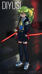 Rule 34 | 1girl, armband, ascot, black jacket, black skirt, black thighhighs, blue vest, blush, bow, character name, closed eyes, collared shirt, commentary, cookie (touhou), copyright name, daiyousei, diyusi (cookie), dual wielding, full body, green hair, hair bow, high-visibility vest, highres, holding, jacket, kurotsuki hiiragi, long hair, manhole cover, open mouth, pleated skirt, ponytail, shirt, shoes, skirt, sneakers, solo, standing, thighhighs, touhou, traffic baton, vest, whistle, whistle around neck, white footwear, white shirt, yellow ascot, yellow bow, zettai ryouiki