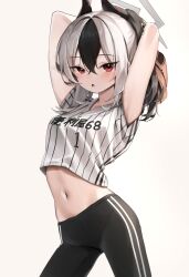 Rule 34 | 1girl, absurdres, alternate costume, arm up, armpits, arms behind head, arms up, baseball glove, black hair, black horns, black pants, blue archive, blush, cowboy shot, cropped shirt, demon girl, demon horns, grey hair, grey halo, hair between eyes, halo, highres, horns, kayoko (blue archive), looking at viewer, multicolored hair, navel, open mouth, pants, ponytail, red eyes, scarlet (wv0102), shirt, short sleeves, simple background, solo, stomach, streaked hair, striped clothes, striped shirt, two-tone hair, tying hair, vertical-striped clothes, white background, white hair, white shirt