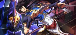Rule 34 | 1boy, artist request, black hair, black leggings, blue shirt, brown eyes, chinese clothes, closed mouth, code geass, code geass: lost stories, covered navel, crop top, dual wielding, eye trail, floating hair, game cg, glowing, glowing eye, gold trim, hair between eyes, hair ornament, highres, holding, kunai, leggings, li xingke, light trail, long hair, looking to the side, male focus, mecha, night, non-web source, official art, outdoors, raglan sleeves, robot, serious, sheath, sheathed, shen hu (code geass), shipping container, shirt, short sleeves, sidelocks, solo, straight-on, string, sword, tunic, very long hair, weapon, white eyes