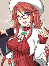 Rule 34 | 1girl, aty, aty (summon night), blue eyes, book, brooch, glasses, hat, heart, jewelry, nuana, open mouth, pointing, red-framed eyewear, red hair, shirt, solo, summon night, summon night 3, sweater, taut clothes, taut shirt, turtleneck
