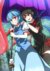Rule 34 | 2girls, absurdres, asymmetrical wings, black dress, black hair, blue eyes, blue hair, blue skirt, blue vest, blue wings, blush, closed mouth, cross-laced clothes, dress, heterochromia, highres, holding, holding umbrella, houjuu nue, karakasa obake, looking at another, looking at viewer, multiple girls, open mouth, outdoors, purple umbrella, rain, red eyes, red wings, sazanami mio (style), shimotsuki aoi, short hair, short sleeves, skirt, smile, standing, tatara kogasa, thighhighs, tongue, touhou, tree, umbrella, upper body, vest, wings