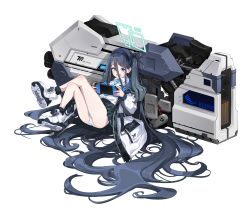Rule 34 | 1girl, absurdly long hair, absurdres, aris (blue archive), ass, bare legs, black hair, black hairband, blue archive, blue eyes, blue hair, blush, commentary, crossed legs, dark blue hair, full body, hair between eyes, hairband, halo, handheld game console, highres, holding, holding handheld game console, huge weapon, jacket, long hair, long hair between eyes, long sleeves, looking at viewer, multicolored hair, necktie, one side up, open clothes, open jacket, open mouth, panties, railgun, school uniform, shirt, shoes, simple background, sitting, sneakers, solo, toombo12, underwear, very long hair, weapon, white background, white panties, white shirt