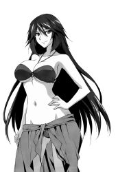 Rule 34 | 1girl, bikini, breasts, cleavage, hand on own hip, highres, infinite stratos, large breasts, legs, long hair, looking at viewer, mature female, monochrome, navel, o-ring, o-ring bikini, official art, orimura chifuyu, sarong, smile, solo, swimsuit, teacher, thighs