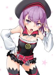Rule 34 | 1girl, bare shoulders, blush, detached sleeves, fate/grand order, fate (series), flat chest, hand on own hip, hat, helena blavatsky (fate), highres, leaning forward, looking at viewer, open mouth, panties, pantyshot, purple eyes, purple hair, sefirot, short hair, solo, star (symbol), strapless, tachi (mtd), underwear, white background