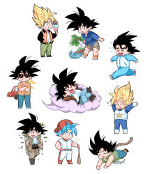 Rule 34 | &gt; &lt;, 1boy, armor, backwards hat, baseball bat, baseball cap, baseball jersey, baseball uniform, belt, black hair, blonde hair, blue bodysuit, blue eyes, blush, bodysuit, boots, chest armor, chibi, closed eyes, closed mouth, cloud, crossed arms, crossed legs, dragon ball, dragon ball (classic), dragon ball gt, dragon ball super, dragonball z, flying nimbus, food, gloves, green eyes, hat, hawaiian shirt, highres, holding, holding baseball bat, holding food, ice cream, jacket, jersey, licking lips, looking at viewer, lying, male focus, monkey tail, on back, open clothes, open jacket, open mouth, pants, saiyan, saiyan armor, scharlachrotn, shirt, shoes, short hair, shorts, sleeping, smile, sneakers, son goku, spiked hair, sportswear, sunglasses, super saiyan, super saiyan 1, super saiyan blue, tail, teeth, tongue, tongue out, white background, wristband
