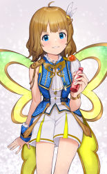 Rule 34 | 1girl, ahoge, asymmetrical sleeves, blue eyes, blue jacket, blush, bottle, brown hair, commentary request, fairy wings, feather hair ornament, feathers, green wings, grin, hair ornament, hand up, highres, holding, holding bottle, idolmaster, idolmaster million live!, idolmaster million live! theater days, jacket, looking at viewer, lumiere papillon (idolmaster), parted lips, short shorts, short sleeves, shorts, single sleeve, single wrist cuff, sitting, smile, solo, suou momoko, suzuki puramo, uneven sleeves, white feathers, white shorts, wings, wrist cuffs