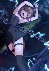 Rule 34 | 1girl, armlet, armpits, arms up, black dress, black socks, bob cut, bracelet, breasts, brown hair, building, chain, choker, city, collarbone, commentary, commission, cosplay, crossover, dress, electricity, electrokinesis, eyepatch, falling, fate/stay night, fate (series), female focus, from above, highres, holding, holding weapon, jewelry, k3rd, kneehighs, looking at viewer, medusa (fate), medusa (rider) (fate), medusa (rider) (fate) (cosplay), misaka mikoto, nameless dagger (fate), night, open mouth, perspective, pouch, purple choker, short dress, short hair, shouting, skyscraper, small breasts, socks, solo, spikes, strapless, strapless dress, swept bangs, symbol-only commentary, thigh strap, thighs, toaru kagaku no railgun, toaru majutsu no index, weapon