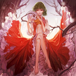 Rule 34 | 1girl, ascot, barefoot, biiji, feet, green hair, in tree, kazami yuuka, crossed legs, looking at viewer, midriff, navel, no bra, open clothes, open shirt, open vest, red eyes, shirt, sitting, sitting in tree, skirt, skirt set, skull, solo, toes, touhou, tree, vest