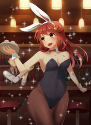 Rule 34 | 1boy, 1girl, :d, akagi kurage, animal ears, bar (place), bare shoulders, bartender, black eyes, black footwear, black necktie, bottle, bow, bowtie, breasts, brown hair, brown pantyhose, cleavage, clenched hand, collarbone, collared shirt, covered navel, cowboy shot, detached collar, fake animal ears, hair ornament, high heels, highres, holding, holding tray, indoors, leotard, lights, long hair, long sleeves, looking away, looking to the side, medium breasts, moe2016, necktie, no nose, open mouth, original, pantyhose, playboy bunny, rabbit ears, rabbit hair ornament, rabbit tail, red bow, red bowtie, shirt, shoes, smile, solo focus, sparkle, standing, standing on one leg, strapless, strapless leotard, tail, thigh gap, thighs, tray, vest, white shirt, wrist cuffs