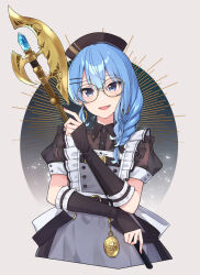 Rule 34 | 1girl, :d, bardiche (weapon), black hair, blue eyes, blue hair, braid, dress, glasses, grey dress, hair ornament, hairclip, hat, highres, hololive, hoshimachi suisei, hoshimachi suisei (maid), long hair, open mouth, pink nails, polearm, puffy short sleeves, puffy sleeves, puunyannyan, round eyewear, see-through, see-through sleeves, short sleeves, sleeves past wrists, smile, solo, star (symbol), star in eye, symbol in eye, virtual youtuber, weapon