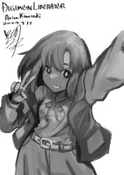 Rule 34 | 1girl, absurdres, arm up, character name, copyright name, cowboy shot, dated, digimon, digimon card game, digimon liberator, greyscale, highres, jacket, kinosaki arisa, medium hair, monochrome, open clothes, open jacket, signature, simple background, solo, usagibochi, v