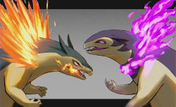 Rule 34 | chromatic aberration, creatures (company), eye contact, fire, from side, futena goze, game freak, gen 2 pokemon, grey background, highres, hisuian typhlosion, letterboxed, looking at another, nintendo, no humans, open mouth, pink fire, pokemon, pokemon (creature), purple eyes, red eyes, sharp teeth, smile, teeth, tongue, typhlosion