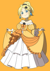 Rule 34 | 1girl, aku no musume (vocaloid), bare shoulders, blonde hair, blue eyes, blush, clothes lift, dress, dress lift, earrings, evillious nendaiki, female focus, flat chest, flower, formal, hair ornament, hairpin, jewelry, kagamine rin, ken (koala), long hair, ponytail, ribbon, rose, simple background, smile, solo, standing, vocaloid, yellow background
