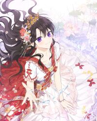 Rule 34 | 1girl, absurdres, black hair, bow, bracelet, breasts, closed mouth, commentary request, dress, floral print, flower, hair flower, hair ornament, highres, jewelry, korean commentary, long hair, looking at viewer, pravis keira, purple eyes, red bow, sasireun naega jinjjayeotda, smile, solo, split mouth, water, yuwoon