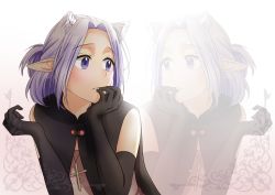 Rule 34 | 1girl, black gloves, cross, elbow gloves, gloves, hand to own mouth, lilac (netojuu no susume), netojuu no susume, pointy ears, purple eyes, purple hair, short hair, solo, symmetry, tancoarc, upper body