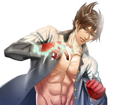 Rule 34 | 1boy, abs, bad id, bad pixiv id, brown hair, electricity, gloves, lars alexandersson, m september, male focus, muscular, open clothes, open shirt, pectorals, red gloves, scar, shirt, short hair, solo, spiked hair, tekken