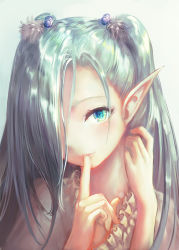 Rule 34 | 1girl, beads, blush, close-up, finger to mouth, frilled shirt, frills, green eyes, green hair, grey background, hair beads, hair ornament, hair over one eye, tucking hair, haori io, long hair, matching hair/eyes, original, pointy ears, shirt, simple background, solo, two side up, upper body