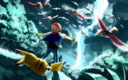Rule 34 | 1boy, ash ketchum, backwards hat, baseball cap, bird, child, creature, creatures (company), denim, fingerless gloves, flying, game freak, gen 1 pokemon, gloves, grass, hat, highres, jeans, lightning, lying, nintendo, on side, outdoors, outstretched arms, pants, pikachu, pokemon, pokemon (anime), pokemon (classic anime), pokemon (creature), sa-dui, spearow, spread arms, thunder, tree