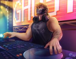 Rule 34 | 1boy, absurdres, arm tattoo, bara, black tank top, blonde hair, call of duty, call of duty: modern warfare 2, character name, dj, earrings, ghost (modern warfare 2), headphones, headphones around neck, highres, jewelry, large pectorals, male focus, mask, mindiearts, mixing console, mouth mask, muscular, muscular male, pectorals, phonograph, short hair, solo, stage, stage lights, tank top, tattoo, turntable