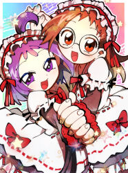 2girls absurdres blush border bow dress_bow eyelashes fujiwara_hazuki glasses hairband highres holding_hands lolita_hairband long_hair long_sleeves looking_at_viewer matomero multiple_girls ojamajo_doremi open_mouth puffy_short_sleeves puffy_sleeves purple_eyes purple_hair red_bow red_eyes round_eyewear segawa_onpu short_hair short_sleeves star_(symbol) white_border