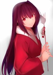Rule 34 | 1girl, 2020, arrow (projectile), breasts, commentary request, fate/grand order, fate (series), gradient background, holding, holding arrow, japanese clothes, kameponde, kimono, long hair, long sleeves, looking at viewer, new year, purple hair, red eyes, scathach (fate), simple background, smile, solo, wide sleeves