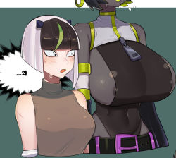 Rule 34 | 2girls, areola slip, bare shoulders, belt, black gloves, black hairband, blue horns, blush, brown hair, bugita, colored skin, covered navel, cropped, elbow gloves, eyelashes, gloves, green hair, grey skin, hairband, height difference, highres, horns, multicolored hair, multiple girls, open mouth, original, oversized zipper, scar, scar on arm, short hair, streaked hair, surprised, sweat, tongue, translation request, turtleneck, white hair, wide-eyed, zipper pull tab