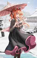 Rule 34 | 1girl, absurdres, black skirt, blush, breasts, character request, commentary request, highres, holding, holding umbrella, last origin, long hair, long sleeves, looking at viewer, medium breasts, open mouth, orange hair, outdoors, red eyes, skirt, smile, snow, sogogy, solo, standing, umbrella, underboob