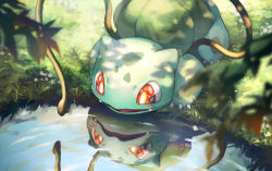 Rule 34 | blurry, blush, bright pupils, bulbasaur, champi, claws, commentary request, creatures (company), day, fangs, game freak, gen 1 pokemon, grass, leaf, looking down, nintendo, no humans, outdoors, plant, pokemon, pokemon (creature), red eyes, reflection, solo, vines, water, white pupils