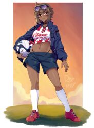 Rule 34 | 1girl, absurdres, ahoge, alternate costume, ball, blue shorts, breasts, c. d. guadalajara, chivas, crop top, dark skin, eyewear on head, highres, large breasts, mexico, midriff, midriff-chan, navel, panty straps, shoes, shorts, smile, sneakers, soccer, soccer ball, socks, sunglasses, thong, tomboy, whale tail (clothing), white socks