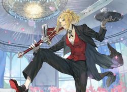 Rule 34 | alternate costume, blonde hair, chandelier, clarent (fate), cup, fate/apocrypha, fate/grand order, fate (series), flower, formal, gloves, green eyes, mordred (fate), mordred (fate/apocrypha), petals, ponytail, sidelocks, solo, suit, sword, teacup, teapot, tray, vest, waistcoat, waiter, weapon, white gloves, yepnean