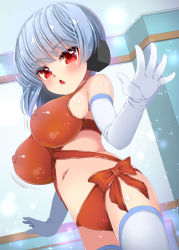Rule 34 | 1girl, :&lt;, bare shoulders, bikini, blue hair, bow, breasts, commentary request, covered erect nipples, elbow gloves, gloves, hair ornament, highres, indoors, large breasts, looking at viewer, navel, oppai loli, original, parted lips, red bikini, red bow, red eyes, shiny skin, side-tie bikini bottom, solo, sparkle, standing, suzune rai, swimsuit, thighhighs, triangle mouth, v-shaped eyebrows, white gloves, white thighhighs