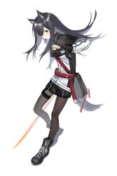 Rule 34 | 1girl, animal ears, arknights, black footwear, black gloves, black hair, black pantyhose, black skirt, fingerless gloves, food, food in mouth, full body, gloves, highres, holding, holding sword, holding weapon, jacket, long hair, long sleeves, looking at viewer, pantyhose, pocky, shoes, simple background, skirt, sneakers, solo, sword, tail, texas (arknights), weapon, white background, white jacket, wolf ears, wolf girl, wolf tail, xxxsoiu1, yellow eyes