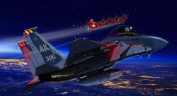Rule 34 | 1boy, 1other, aircraft, airplane, antlers, f-15 eagle, fighter jet, flying, helmet, horns, jet, mick (m.ishizuka), military, military vehicle, missile, night, night sky, original, reindeer, santa claus, sky, sleigh, united states air force, vehicle focus