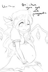 Rule 34 | 1girl, alternate hairstyle, ascot, embodiment of scarlet devil, fang, female focus, flandre scarlet, greyscale, long hair, magister, monochrome, pregnant, sketch, solo, tears, touhou, wince, wings, wrist cuffs
