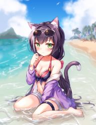 Rule 34 | 1girl, alternate costume, animal ear fluff, animal ears, bare legs, bare shoulders, barefoot, beach, black hair, blush, bracelet, breasts, cat ears, cat girl, cat tail, cleavage, collarbone, commentary request, day, eyewear on head, frown, green eyes, hand up, highres, in water, jacket, jewelry, karyl (princess connect!), karyl (summer) (princess connect!), large breasts, long hair, long sleeves, looking at viewer, low twintails, multicolored hair, navel, ocean, off-shoulder jacket, off shoulder, outdoors, palm tree, princess connect!, purple jacket, shorts, sitting, solo, streaked hair, sunglasses, swimsuit, tail, thigh strap, tree, twintails, ushimu, wading, wavy mouth, white hair, white shorts