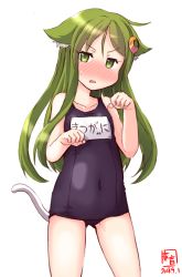 Rule 34 | 1girl, animal ears, artist logo, blue one-piece swimsuit, blush, cat ears, cat tail, commentary request, cowboy shot, crescent, crescent hair ornament, dated, green eyes, green hair, hair ornament, highres, kanon (kurogane knights), kantai collection, long hair, looking at viewer, nagatsuki (kancolle), name tag, one-piece swimsuit, paw pose, school swimsuit, simple background, solo, swimsuit, tail, white background