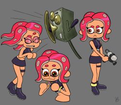 Rule 34 | 1girl, :3, agent 8 (splatoon), artist name, black footwear, black skirt, boots, character sheet, closed eyes, closed mouth, commentary, crop top, cropped torso, dark-skinned female, dark skin, dot nose, frown, full body, grey background, looking to the side, medium hair, miniskirt, multiple views, nintendo, octoling, octoling girl, octoling player character, open mouth, orange eyes, pencil skirt, pink hair, raised eyebrow, roxlyn166, signature, skirt, sleeveless, smile, sparkle, splatoon (series), splatoon 2, standing, suction cups, tentacle hair, thick eyebrows, thigh strap, weapon