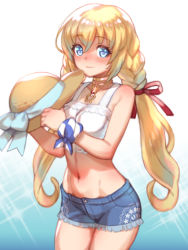 Rule 34 | 1girl, blonde hair, blue eyes, blue shorts, breasts, brown hat, closed mouth, colette brunel, folks (nabokof), hat, holding, holding clothes, holding hat, long hair, looking at viewer, low twintails, medium breasts, midriff, navel, shorts, smile, solo, straw hat, tales of (series), tales of symphonia, twintails, unworn hat, unworn headwear